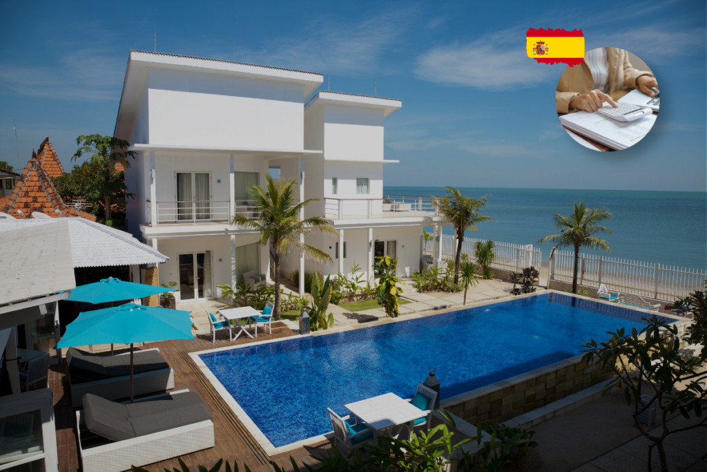Beachfront villa in Spain with pool showing property tax calculation and costs for buyers